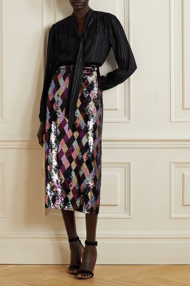 RIXO Kelly sequined crepe de chine midi skirt v3