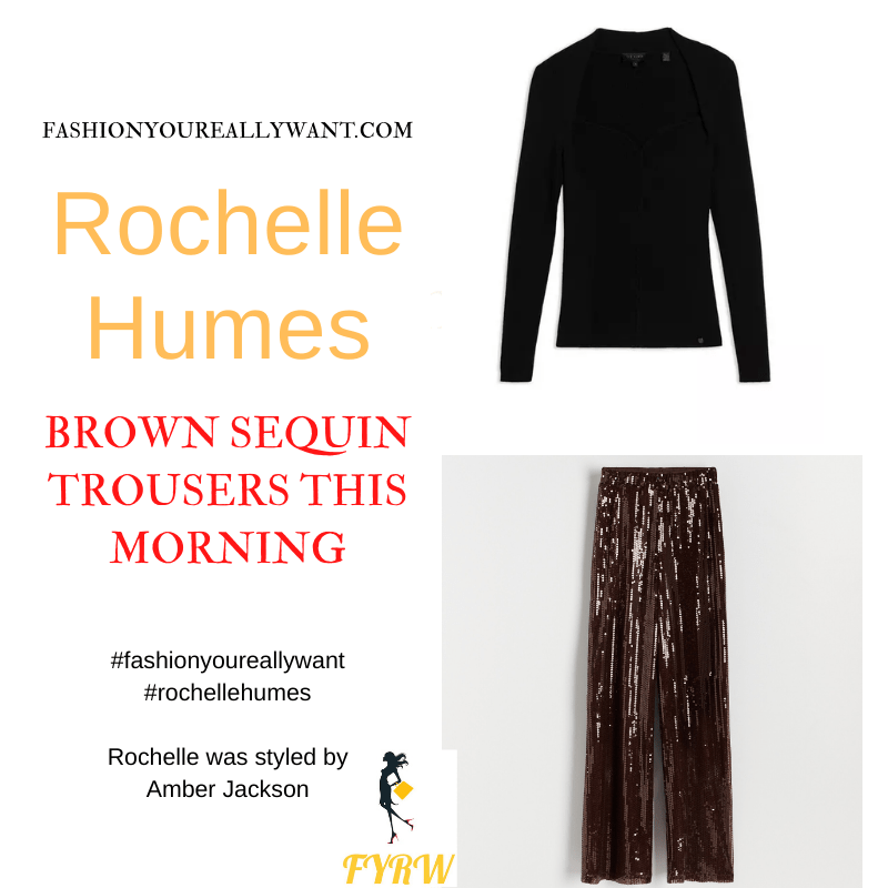 Where to get all Rochelle Humes This Morning outfits blog December 2021 brown sequin trousers black sweetheart neck knit black sandals.