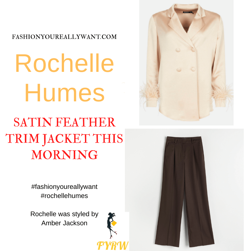 Where to get all Rochelle Humes This Morning outfits blog December 2021 cream satin feather trim jacket brown trousers animal print sandals