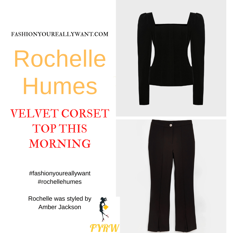 Where to get all Rochelle Humes This Morning outfits blog December 2021 black velvet square neck top black front split trousers leopard slingback shoes