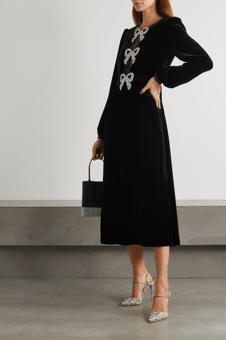 SALONI Camille bow-embellished velvet midi dress