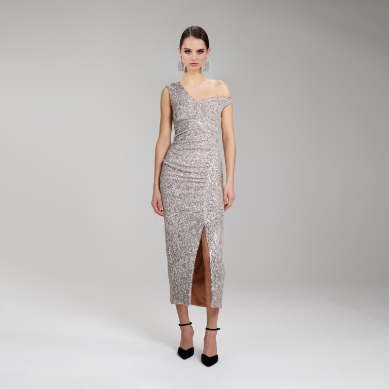 Self Portrait Sequin Gathered Asymmetric Midi Dress