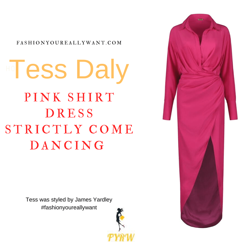 Tess Daly Strictly Come Dancing Semi Final Results December 2021 where to get her outfits shocking pink high low shirt dress nude sandals