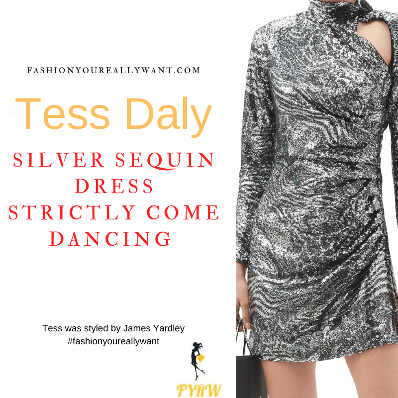 Tess Daly Strictly Come Dancing Week 11 December 2021 where to get her outfits silver sequin mini dress silver sandals