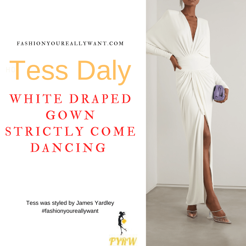 Tess Daly Wore This on Strictly Come Dancing Final December 2021 where to get her outfits white draped gown yellow gold shoes with padlock