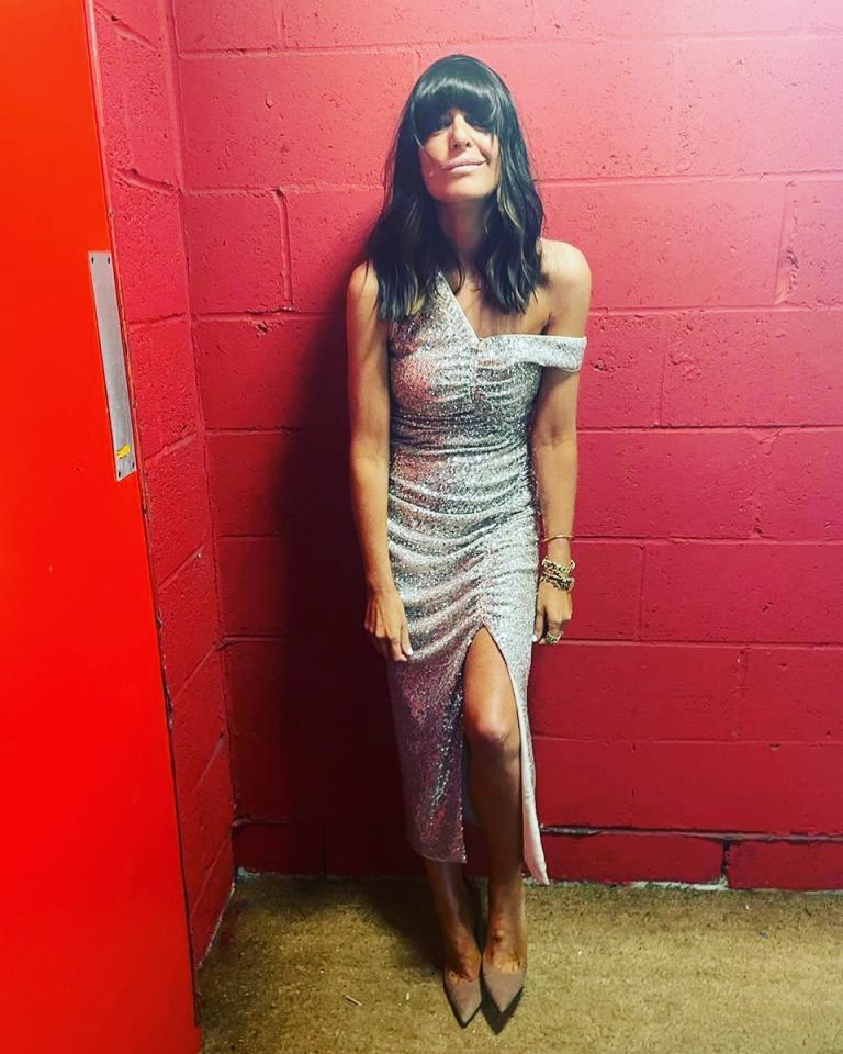 where to get all Claudia Winkleman Strictly dresses grey sequin off shoulder dress nude suede court shoes 18 December 2021 Photo Claudia Winkleman