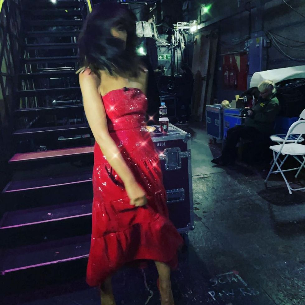 where to get all Claudia winkleman strictly outfits red strapless sequin dress red court shoes 4 December 2021 Photo Claudia Winkleman