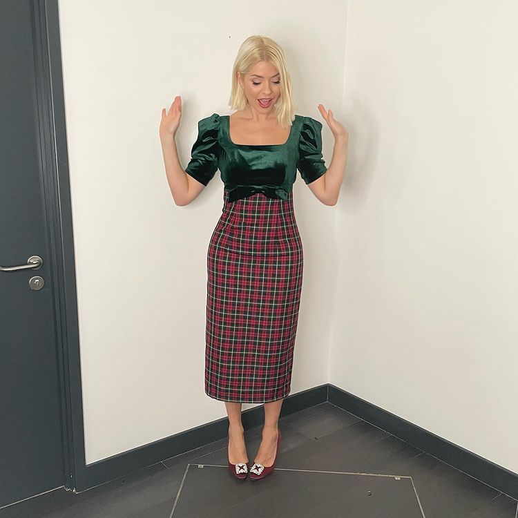 where to get all Holly Willoughby This Morning dresses green velvet and red tartan dress red satin shoes with buckle 25 December 2021 Photo holly Willoughby