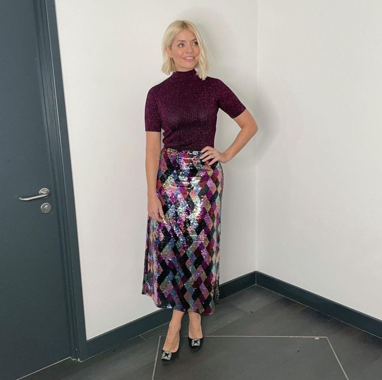 where to get all Holly Willoughby This Morning outfits pink harlequin sequin skirt pink purple glitter shirt sleeve knit black court shoes with buckle 6 December 2021 Photo Holly Willoughby
