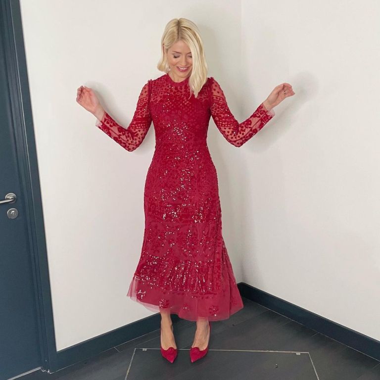 where to get all Holly Willoughby This Morning outfits red lace sequin midi dress red knot suede shoes 1 December 2021 Photo Holly Willoughby
