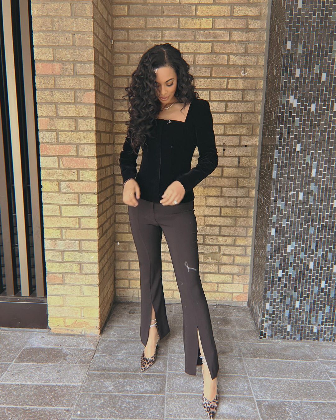 where to get all Rochelle Humes This Morning outfits black velvet square neck top grey split seam trousers leopard slingbacks 16 December 2021 Photo Rochelle Humes