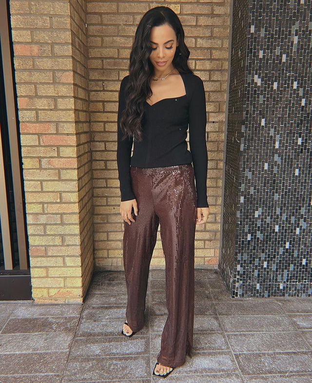 where to get all Rochelle Humes This Morning outfits brown sequin trousers black sweetheart neck knit black sandals 14 ecember 2021 Photo Amber Jackson