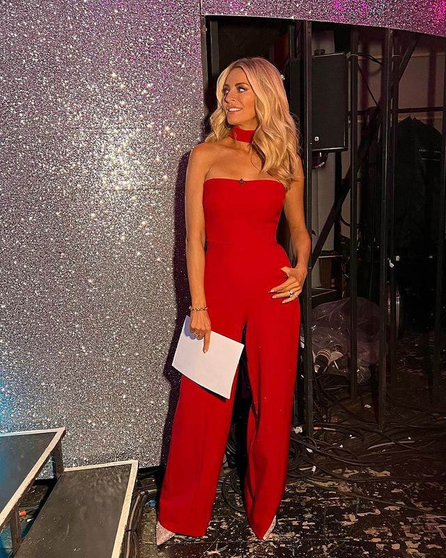 where to get all Tess Daly Strictly outfits red strapless jumpsuit 11 December 2021 Photo Tess Daly
