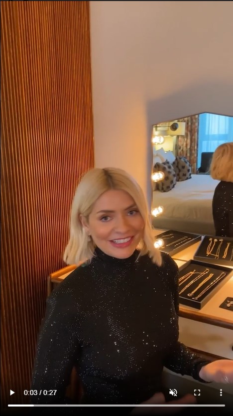 where to get holly Willoughby black crystal mini dress drop earrings 9 December 2021 Photo Kirstie Le Marque