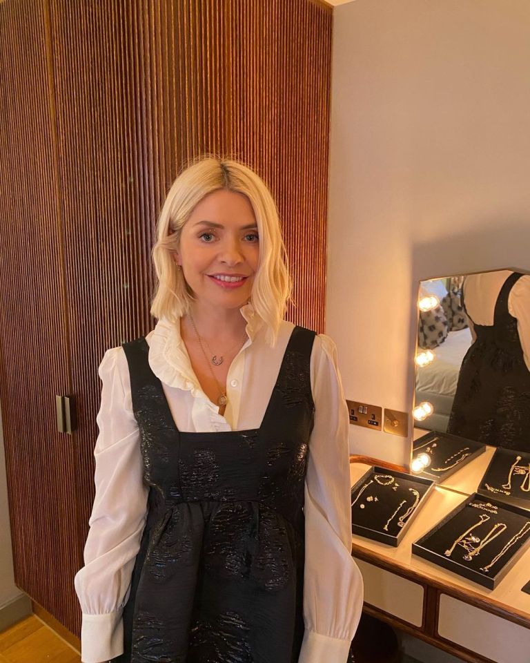 where to get holly Willoughby black jacquard mini dress cream frill blouse 9 December 2021 Photo Kirstie Le Marque