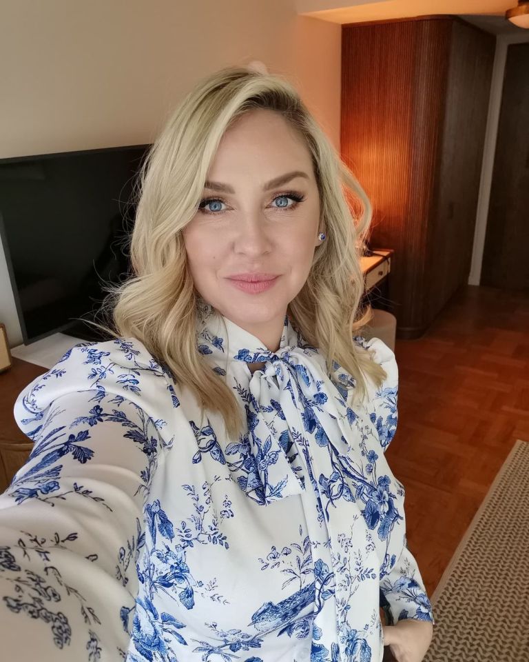 where to get Josie Gibson This Morning blue and white toile de jouey tie neck blouse 5 January 2022 Photo Josie Gibson