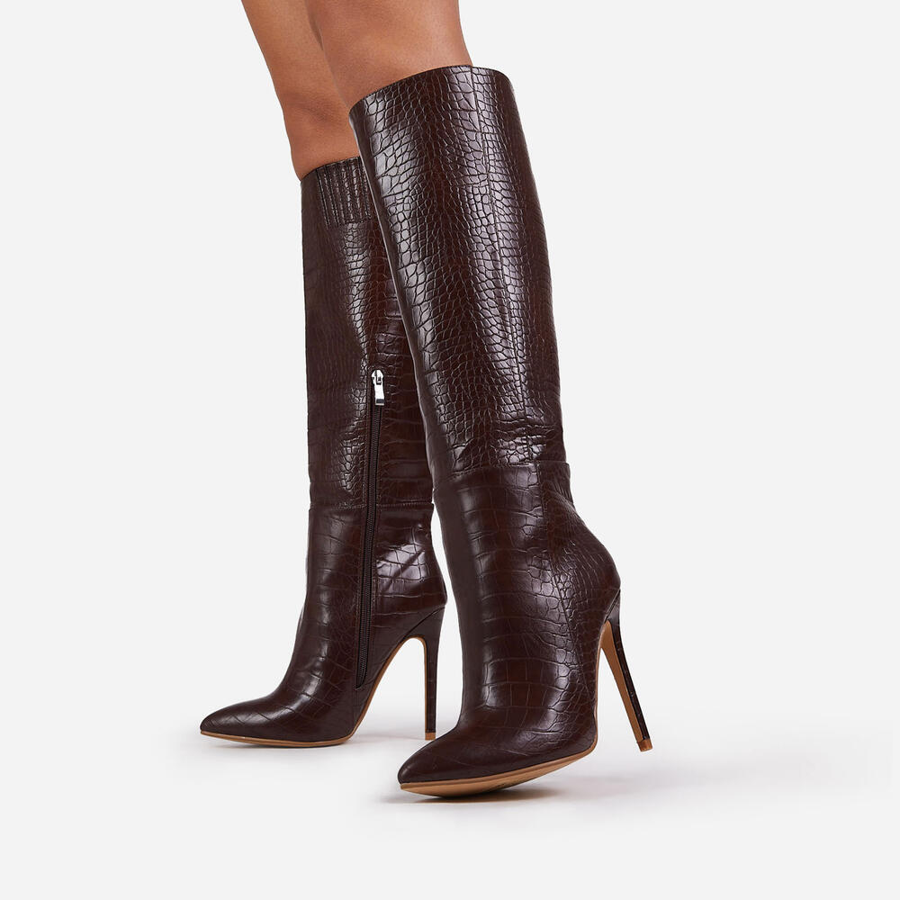 EGO Rose Knee High Long Boot Croc Print Faux Leather