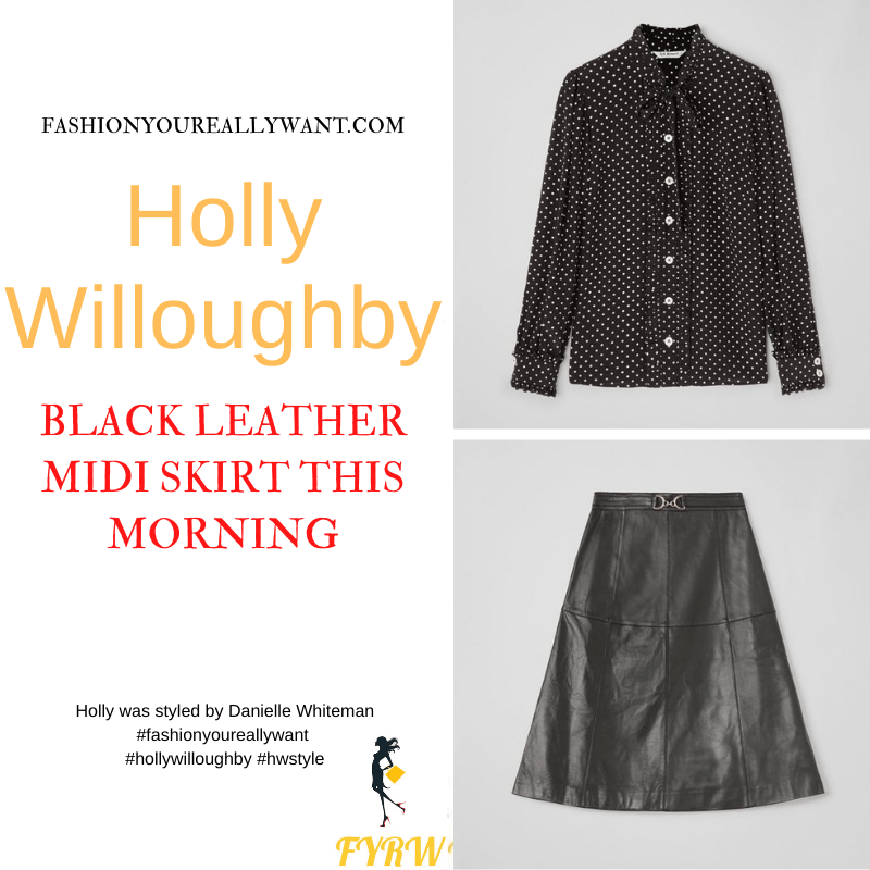 Where to get all Holly Willoughby This Morning outfits dresses blog January 2022 black leather midi skirt black and white polka dot tie blouse black suede court shoes