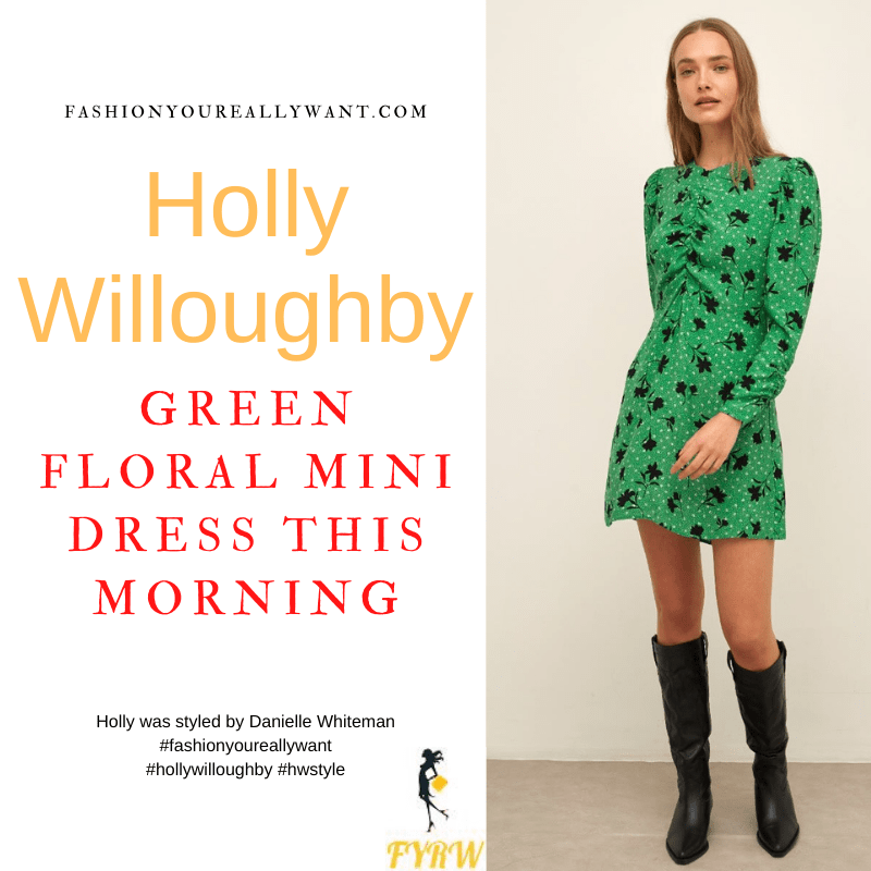 Where to get all Holly Willoughby This Morning outfits dresses blog January 2022 green and black floral mini dress black suede court shoes