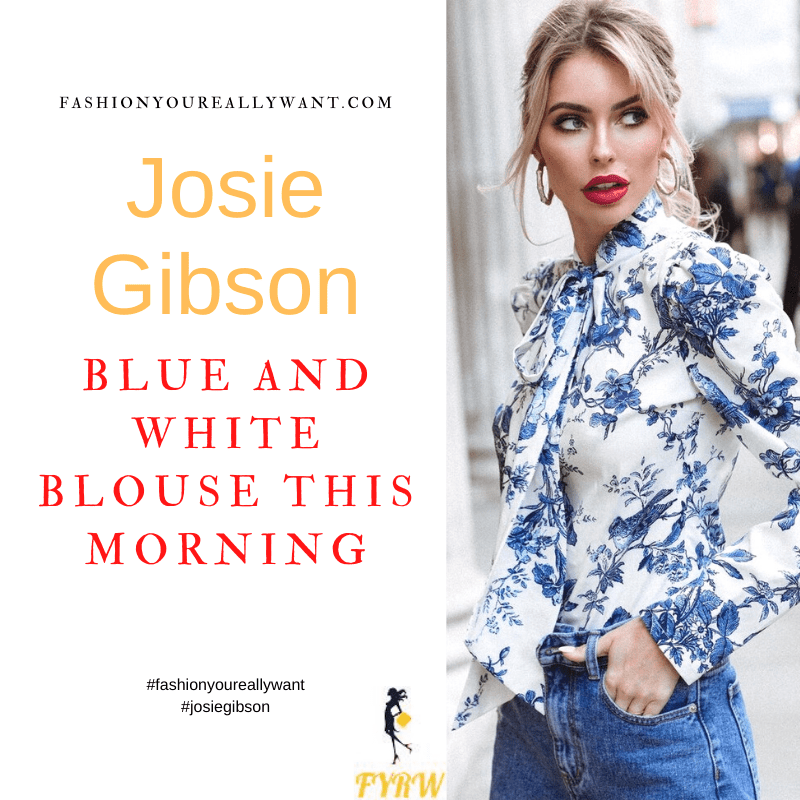 Where to get all Josie Gibson This Morning outfits dresses blog January 2022 whte and blue floral bird tie neck blouse