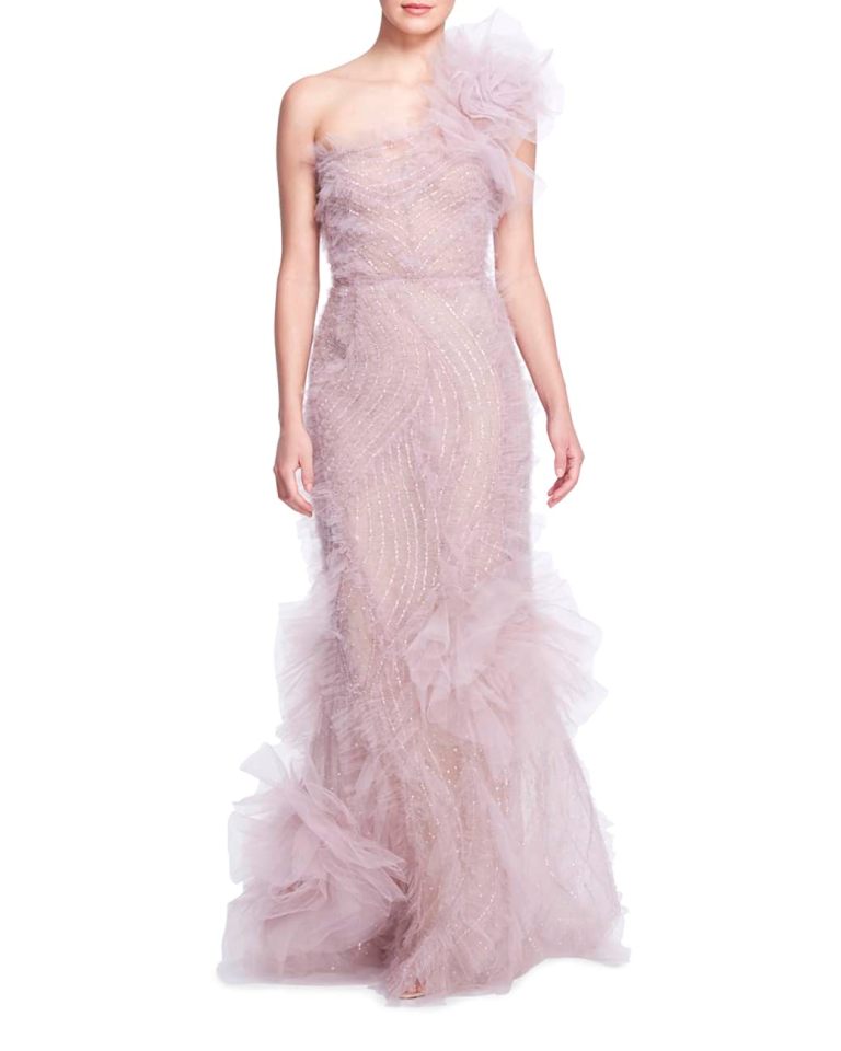 Marchesa One-Shoulder Beaded Ephemeral Tulle Gown