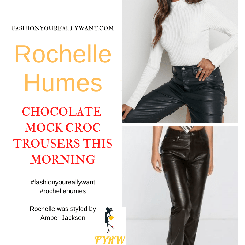 Where to get all Rochelle Humes This Morning outfits blog January 2022 brown mock croc trousers cream ribbed knit snakeskin mules