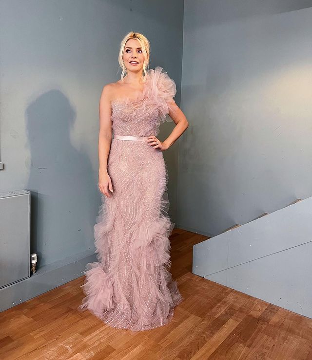 where to get all Holly Willoughby Dancing on Ice dresses blush tulle and sequin one shoulder gown 12 January 2022 Photo Holly Willoughby