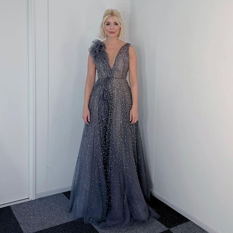 where to get all Holly Willoughby Dancing on Ice dresses grey sequin plunge ruffle gown 30 January 2022 Photo Holly Willoughby