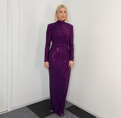where to get all Holly Willoughby Dancing on Ice dresses purple glitter long sleeve draped gown 23 January 2022 Photo Holly Willoughby