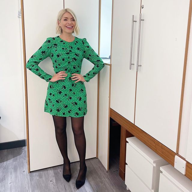 where to get all Holly Willoughby This Morning dresses green and black floral mini dress black court soes 10 January 2022 Photo Holly Willoughby