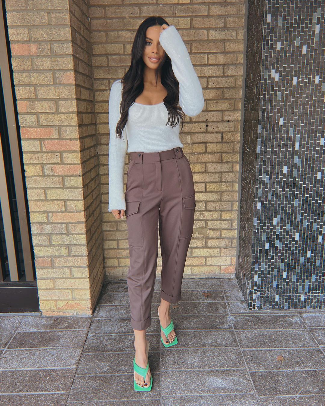 where to get all Rochelle Humes This Morning outfits cream knit brown crop trousers green mules 1 February 2022 Photo Rochelle Humes