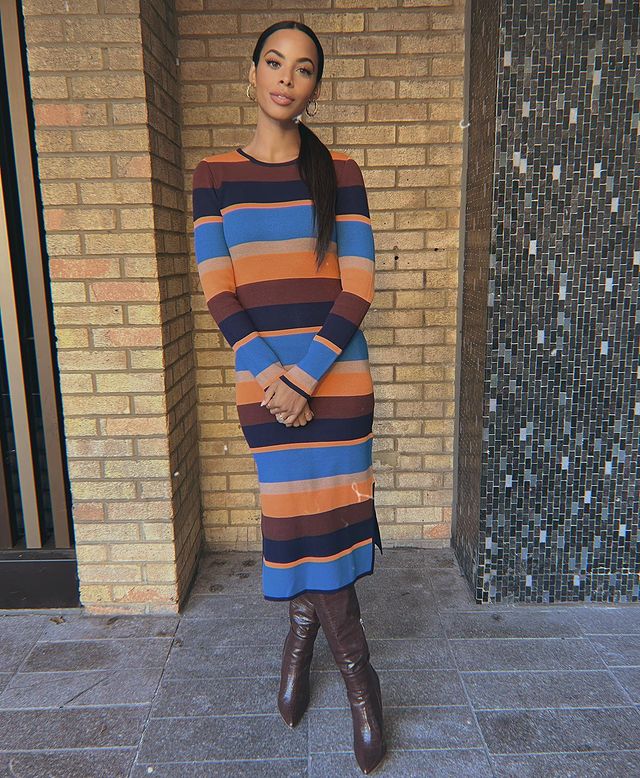 where to get all Rochelle Humes This Morning outits brown blue orange knit dress brown boots 20 January 2022 Photo Rochelle Humes