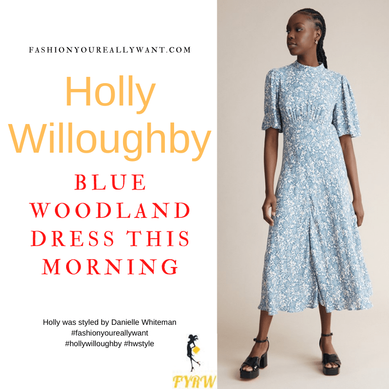 Where to get all Holly Willoughby This Morning outfits dresses blog February 2022 pale blue floral short sleeve midi dress nude suede court shoes