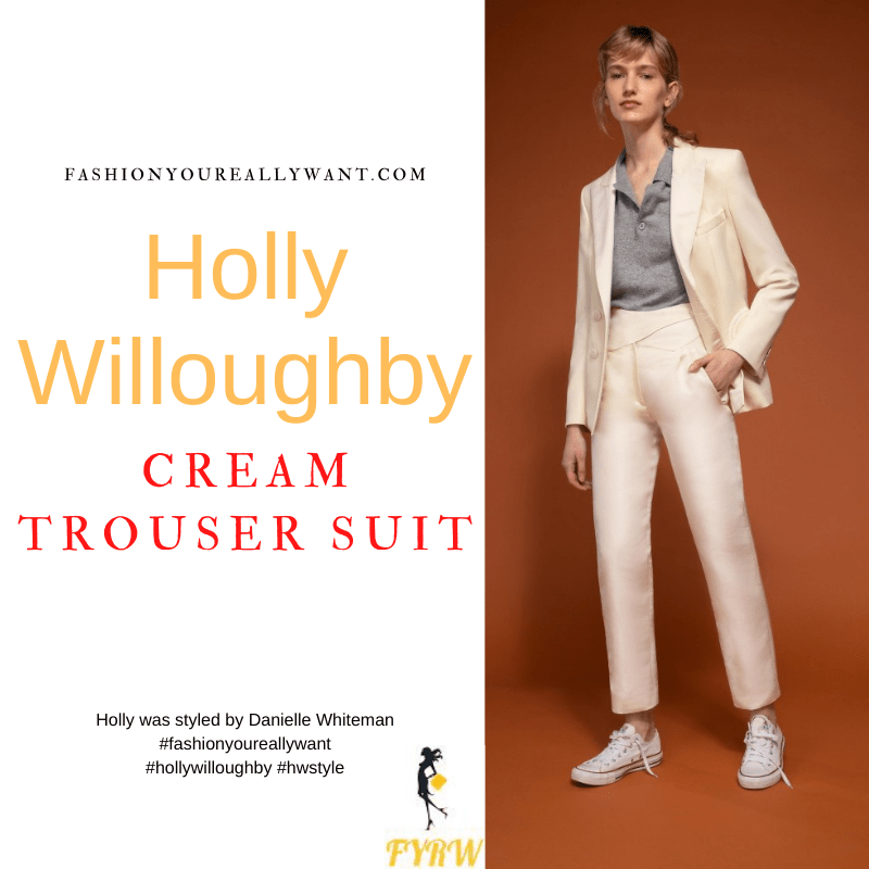 Where to get all Holly Willoughby outfits dresses blog February 2022 cream trouser suit black polka dot shoes crescent moon necklace