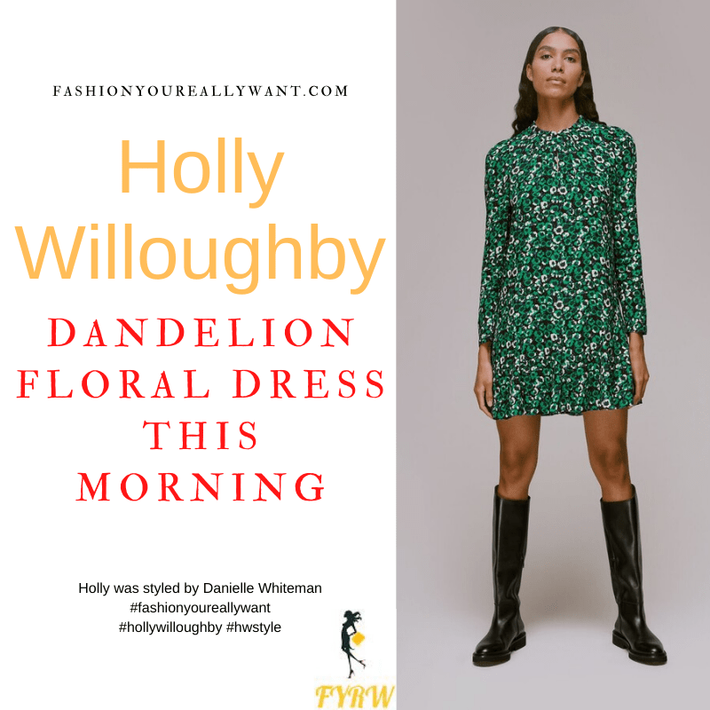 Where to get all Holly Willoughby This Morning outfits dresses blog February 2022 green white black floral mini shirt dress black suede court shoes