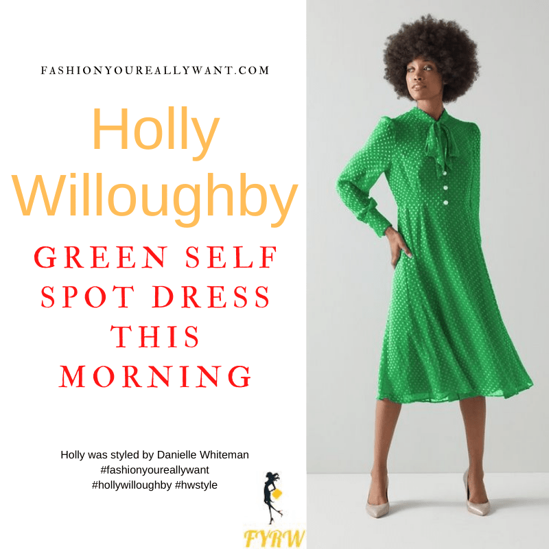 Where to get all Holly Willoughby This Morning outfits dresses blog February 2022 green self spot pussy bow embellished button tea dress nude suede court shoes