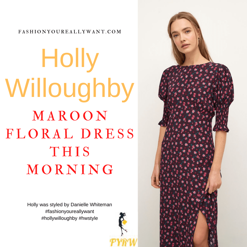 Where to get all Holly Willoughby This Morning outfits dresses blog February 2022 burgundy maroon ink floral midi dress with split nude suede court shoes