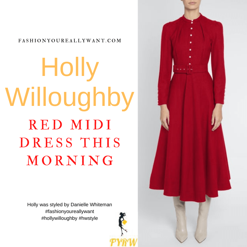 Where to get all Holly Willoughby This Morning outfits dresses blog February 2022 red long sleeve midi dress with pearl buttons nude suede court shoes