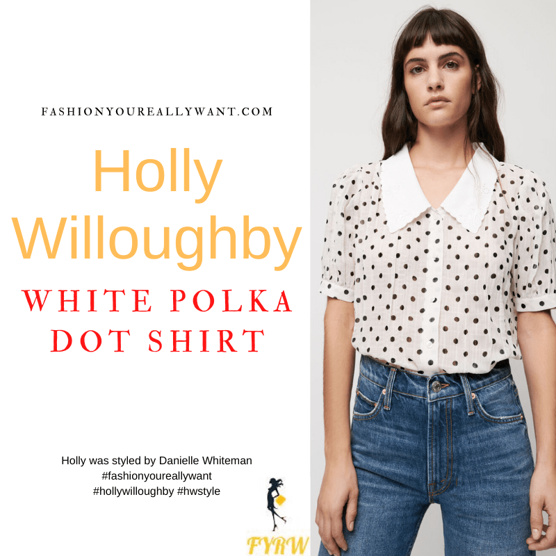 Where to get all Holly Willoughby outfits dresses blog February 2022 white and black polka dot crinkle shirt white collar Wylde Moon