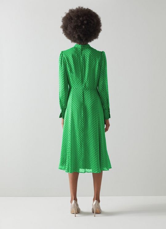 LK Bennett Mortimer Green Silk Blend Self Spot Dress back view