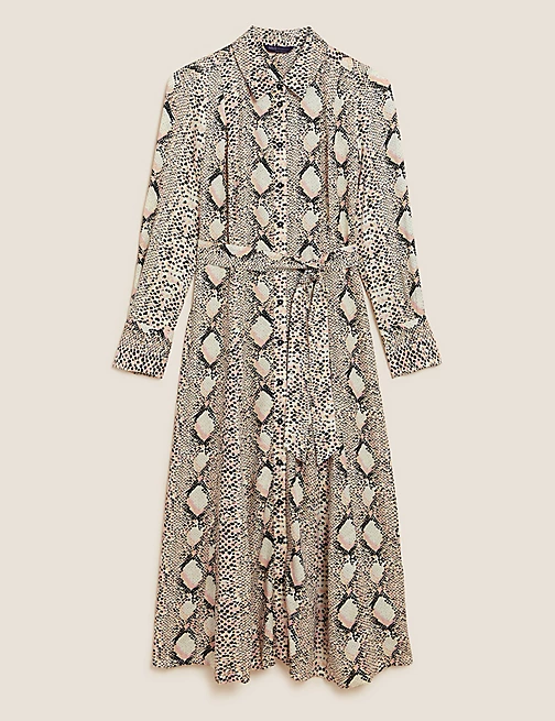 Animal Print Belted Midi Woven Shirt Dress