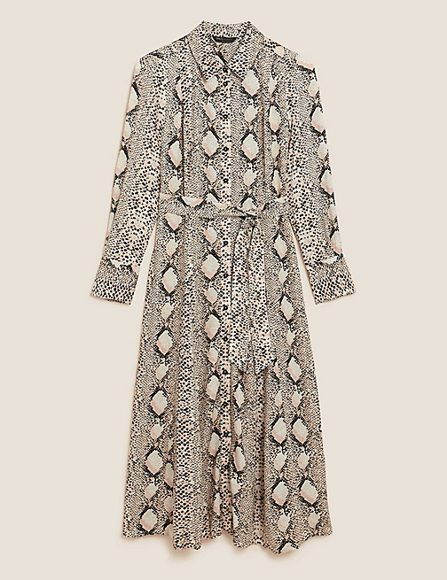 M&amp;S Animal Print Belted Midi Shirt Dress
