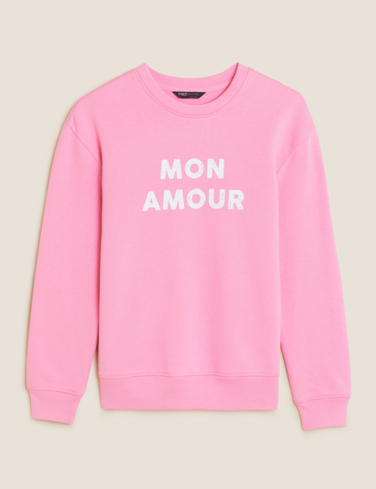 M&amp;S Pink Cotton Rich Slogan Crew Neck Sweater