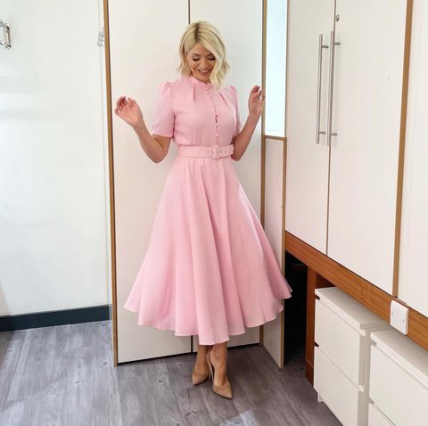 where to get all Holly Willougby This Morning dresses pink belted midi dress nude suede court shoes 3 February 2022 Photo Holly Willoughby