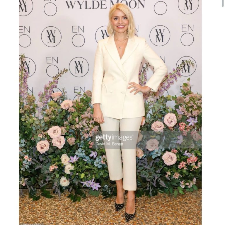 where to get all Holly Willoughby outfits cream blazer and cropped trousers black spot court shoes 23 February 2022 Photo David M Benett