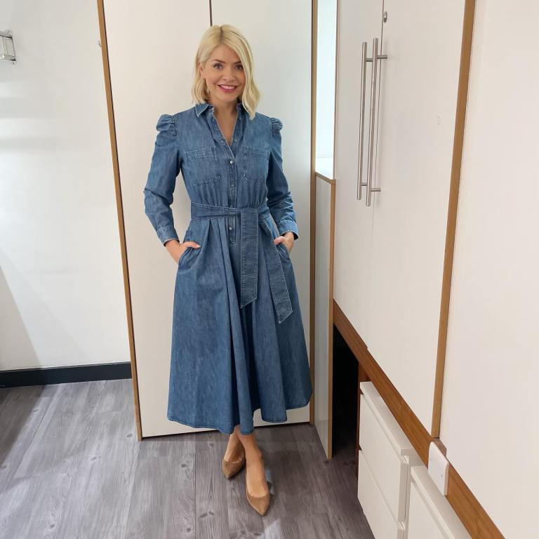 where to get all Holly Willoughby This Morning dresses denim puff sleve mididress nude suede court shoes 2 March 2022 Photo Holly Willoughby