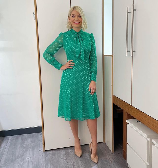 where to get all Holly Willoughby This Morning dresses green pussy bow embellished button tea dress nude suede court shoes 7 February 2022 Photo Holly Willoughby