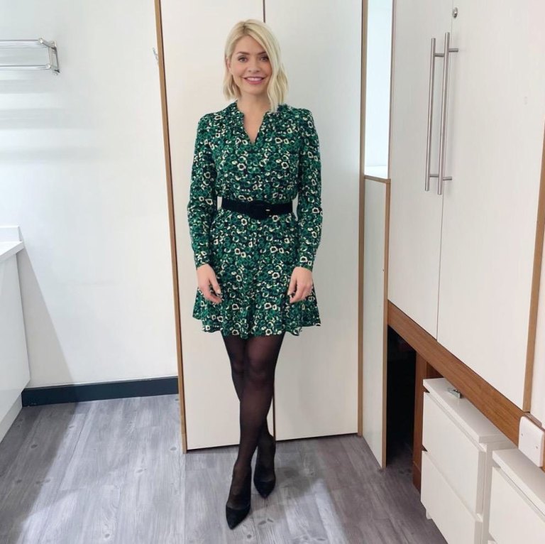 where to get all Holly Willoughby This Morning outfits green floral mini dress black suede court shoes 21 February 2022 Photo Holly Willoughby