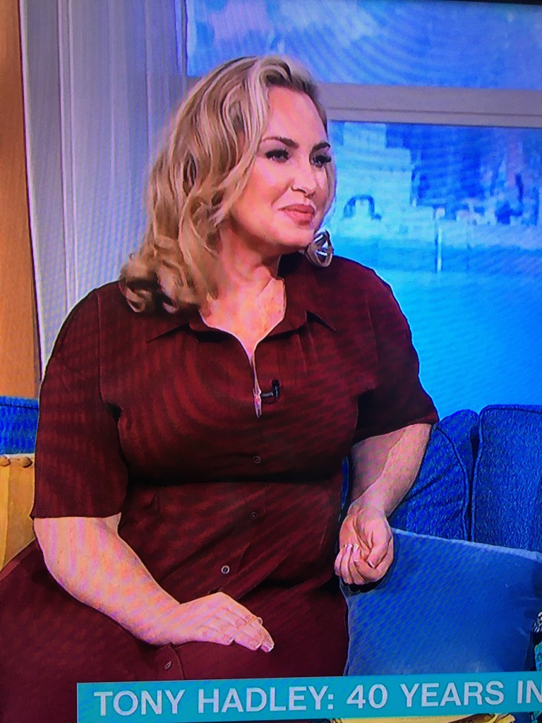 where to get Josie Gibson This Morning dresses burgundy maroon short sleeve shirt dress 25 February 2022 Photo ITV
