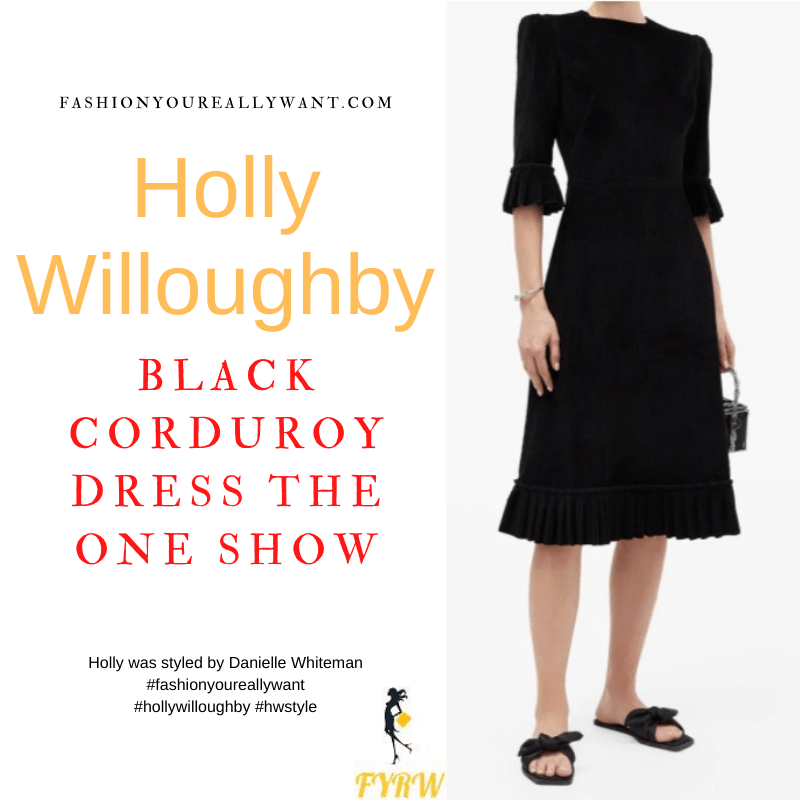Where to get all Holly Willoughby outfits dresses blog March 2022 black corduroy dress Mary Jane shoes crescent moon and star necklace
